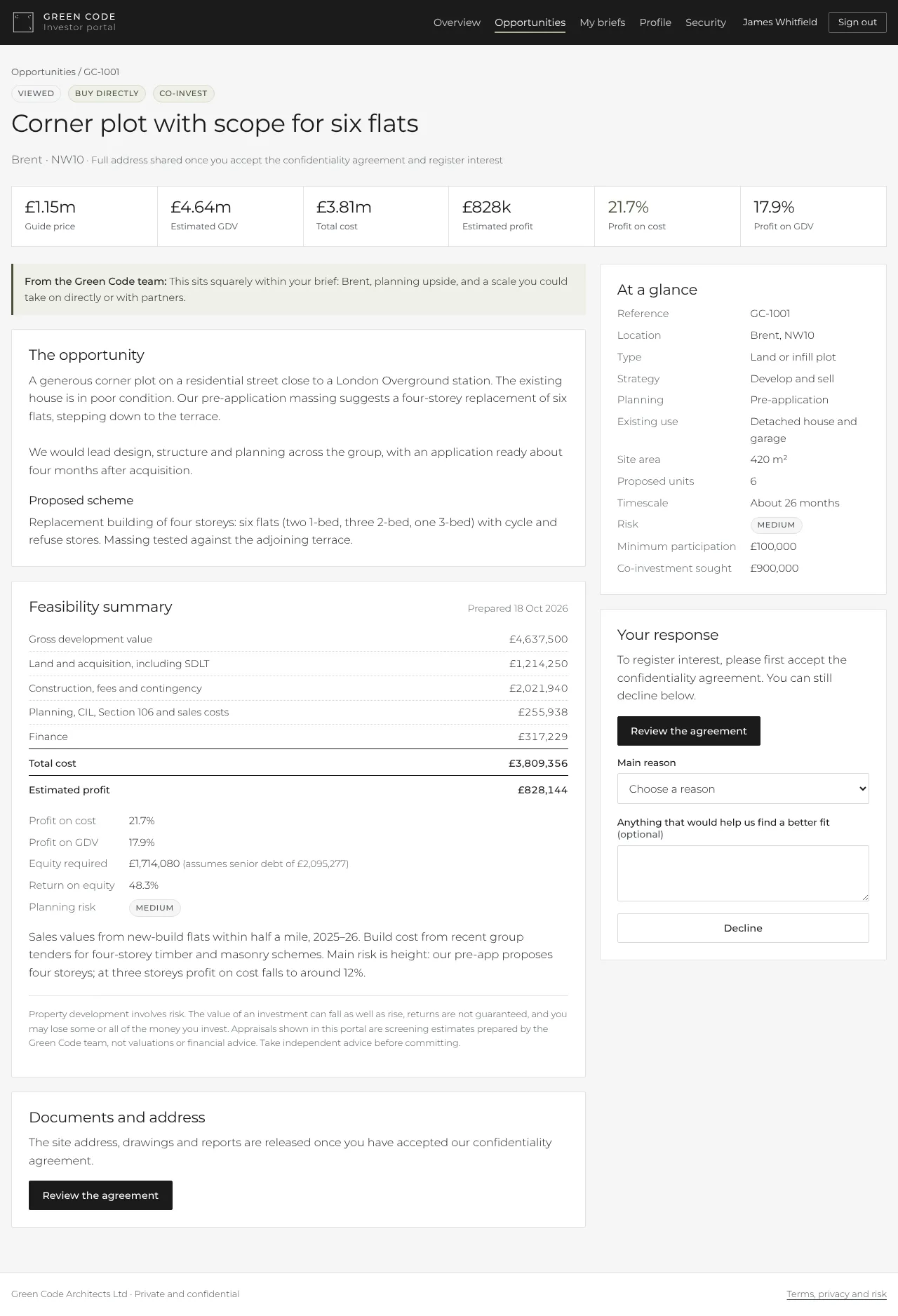 An opportunity page in the portal with its feasibility summary