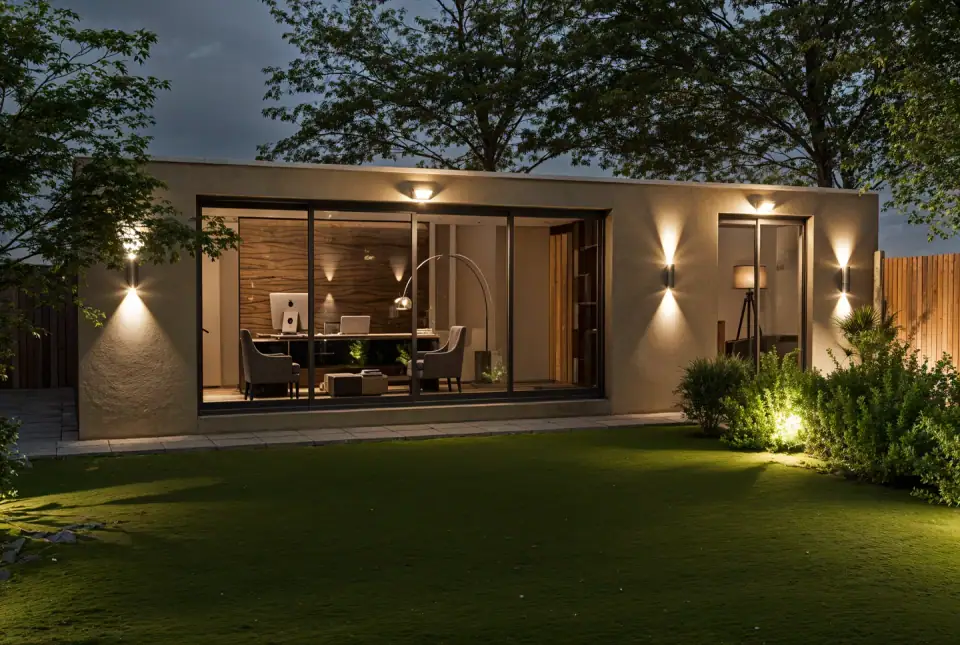 Garden studio at dusk, its walnut-panelled study lit behind full-width glazing